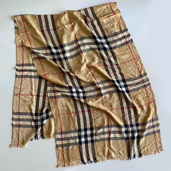 Burberry London Nova Check Beige Scarf Silk Blend Fringed Edge Lightweight - Picture 2 of 11